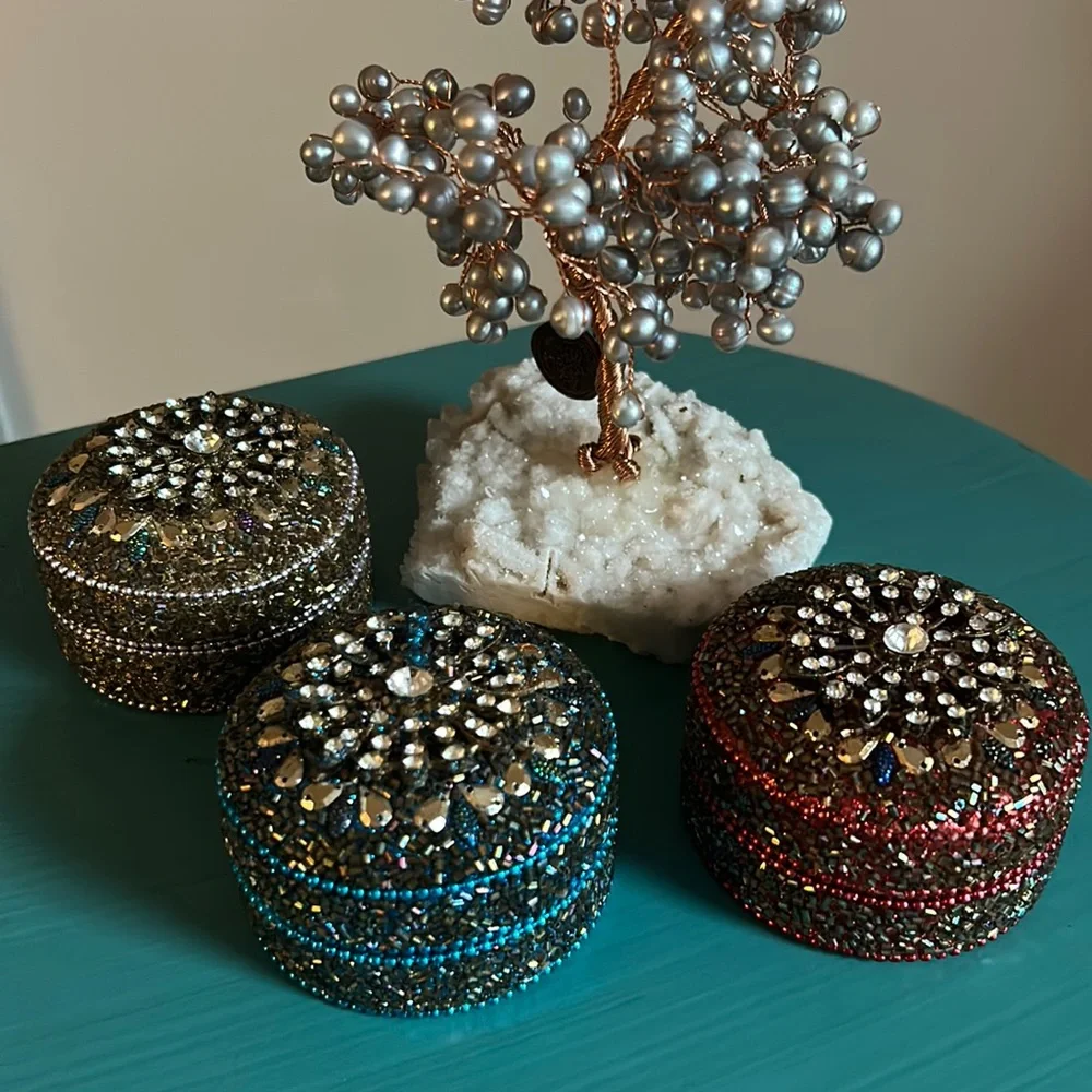 Pier 1 Set of 3 Round Jeweled Aluminum Trinket Jewelry Storage Boxes